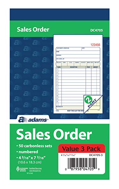 Adams Sales Order Books, 2-Part, Carbonless, White/Canary, 4-3/16" x 7-3/16", Bound Wraparound Cover, 50 Sets per Book, 3 Pack (DC4705-3)