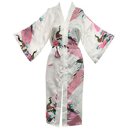 missfashion Women's Kimono Robe Peacock & Blossoms Satin Nightwear