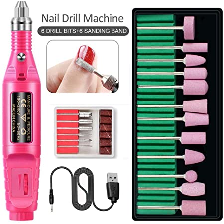 Nail File Drill Kit, Electric Manicure Pedicure, Electric Pen-Shape Nail Drill Machine, Portable Salon Machine- Professional Nail Drill Kit with Sanding Bands- for Acrylic Gel Nails (Red)