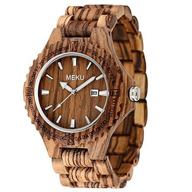 MEKU Mens Handmade Wooden Wrist Watch Quartz Wood Watch Zebrawood Date Display Fathers Day Gift