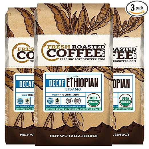 Organic Ethiopian Sidamo Water Processed Decaf Coffee, Fair Trade, 12 oz. Ground Bags, Fresh Roasted Coffee LLC. (3 Pack)