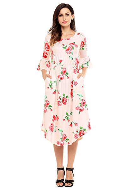 Annflat Women's Summer Floral Print Bell Sleeve Casual Midi Dress S-XXL