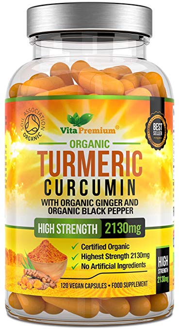 Organic Turmeric Curcumin 2130mg with Ginger and Black Pepper – High Strength Supplement – 120 Vegan Capsules – Soil Association Certified