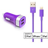 Certified NocobotTM 3ft 8 Pin Lightning to USB Sync and Charging Cable Cord with 31A 15W Dual Port High Speed USB Car Charger for Apple iPhone 6 6 Plus iPhone 5 5s 5c iPod touch 5th gen iPod Nano 7th gen iPad AirPurple