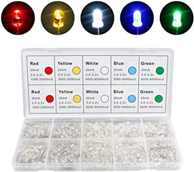 DiCUNO 1000pcs 3mm LED Light Emitting Diodes 2pin Diffused Round Assorted Color Red/Blue/Yellow/White/Green Kit Box, Head Color: Transparent (5 Colors x 200pcs)