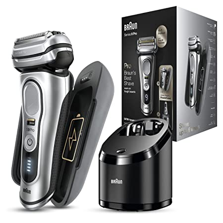 Braun Razor for Men Wet & Dry Electric Foil Shaver with ProLift Beard Trimmer, Cleaning & SmartCare Center & Charging Power Case, Galvano Silver