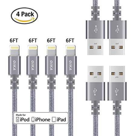 Lightning cable OIKA 4Pack 6FT Nylon Braided 8 pin IPhone Charger certified to charging Cable with charging indictor powerline for iPhone 5/5C/5S/6S/6S PLUS/7/7 plus, iPad Air, and more (Grey)