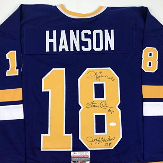 Autographed/Signed Hanson Brothers Chiefs Slap Shot Movie #18 Blue Hockey Jersey JSA COA