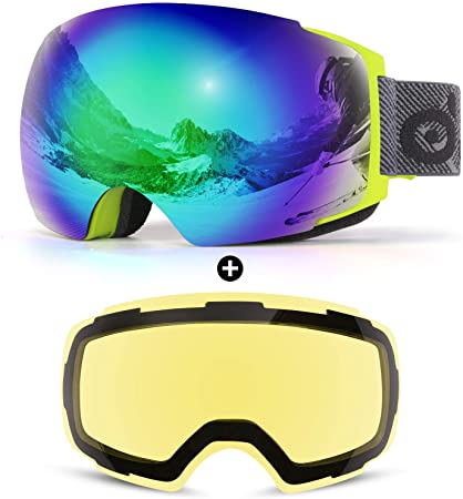 Odoland Magnetic Interchangeable Ski Goggles with 2 Lens, Large Spherical Frameless Snow Goggles for Men & Women, OTG and UV400 Protection