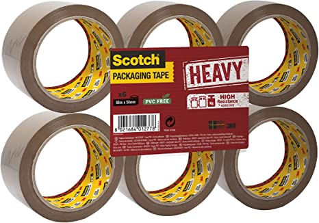 Scotch Heavy Duty Packaging Tape, 66m x 50mm, Brown, 6 Rolls, Suitable for Rough Handling and Shipping