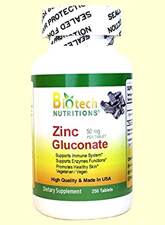 Biotech Nutritions Zinc Gluconate 50 mg 250 Tablets Made In USA Vegetarian/Vegan