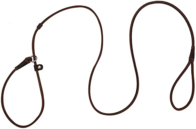 Real Leather Slip Dog Leash for Small Medium Dogs Puppies Lightweight Thin but Sturdy Adjustable Slip Lead Soft and Slim 160cm Long 0.6cm Wide (Brown)