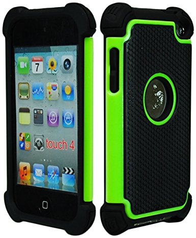 iPod Touch 4 Case, Bastex Hybrid Slim Fit Black Rubber Silicone Cover Hard Plastic Neon Green & Black Shock Case for Apple iPod Touch 4, 4th Generation