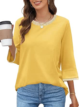 MEROKEETY Women's 3/4 Sleeve Tops Dressy Casual Crew Neck Color Block Loose Trendy Blouses T Shirts