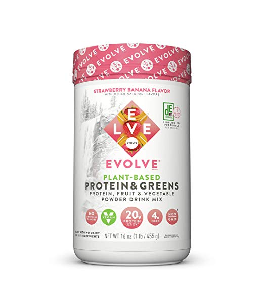 Evolve Plant Based Protein and Greens Powder, Strawberry Banana, 20g Protein, 1 Pound