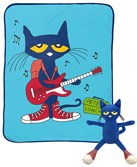 Jay Franco Pete The Cat Rock Out Mini Pillow Buddy and 46 Inch x 60 Inch Throw Set - Kids Super Soft 2 Piece Blanket Set (Official Pete The Cat Product)