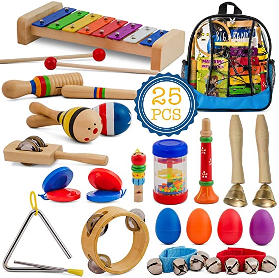 SMART WALLABY Toddler Musical Instruments Set, 25 pcs Wooden Educational Music Toys Percussion Kit for Kids with Xylophone and Storage Backpack. Big Band