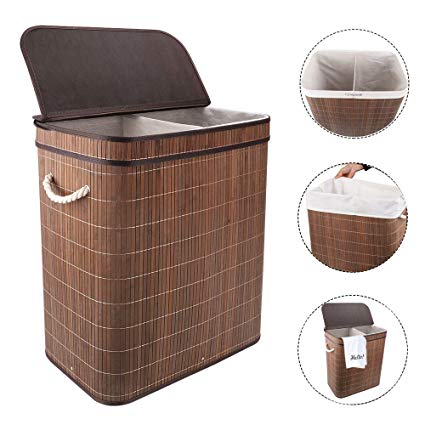 Vesgantti 100L Bamboo Laundry Basket with Flip Lid - Large Folding Clothes Hamper Washing Bin Foldable Collapsible Laundry Sorter Box with 2 Compartments Sections - Lights and Darks(60x51x32cm)