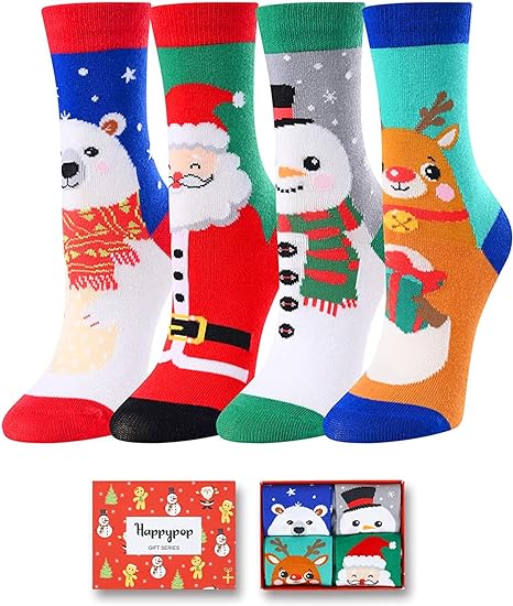 HAPPYPOP Funny Christmas Socks for Boys Girls, 4 Pack Kids Holiday Socks, Christmas Gifts Secret Santa Gifts