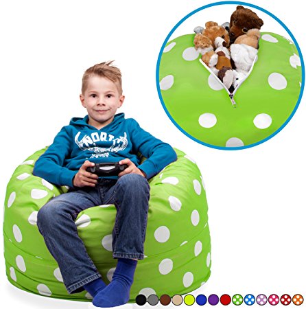 Stuffed Animal Storage Bean Bag Chair in Chartreuse with White Polka Dots. FILL IT, ZIP IT AND SIT IN IT! Clean Up the Room in Style AND Get Yourself a Premium 95” Bean Bag Chair For Free!