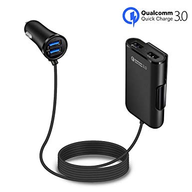 Quick Charge QC 3.0 Car Charger for Front/Back Seat Charging Car Cigarette Lighter Chargers Adapter with 4 USB Ports Vehicle Charger for Android iOS Smartphones, iPad, Tablets, Gaming Devices, Black