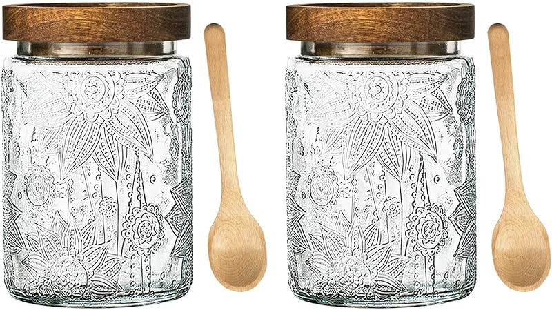 Glass Jar with Airtight Lid and Spoon Glass Food Storage Canisters Sets for the Kitchen Sugar Container Cookie Jar Candy Jar Tea Coffee Canister (Sunflower, 2 PCS)