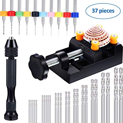 37 Pieces Hand Drill Set, Include Pin Vise Hand Drill with Mini Drills, Twist Drills and Bench Vice for Craft Carving DIY