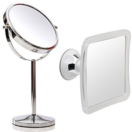 Mirrorvana 7" Double-Sided 1x/10x Magnifying Makeup Mirror Bundle with Bonus Mirrorvana Fogless Suction Cup Bathroom Mirror (2 Mirrors Total)