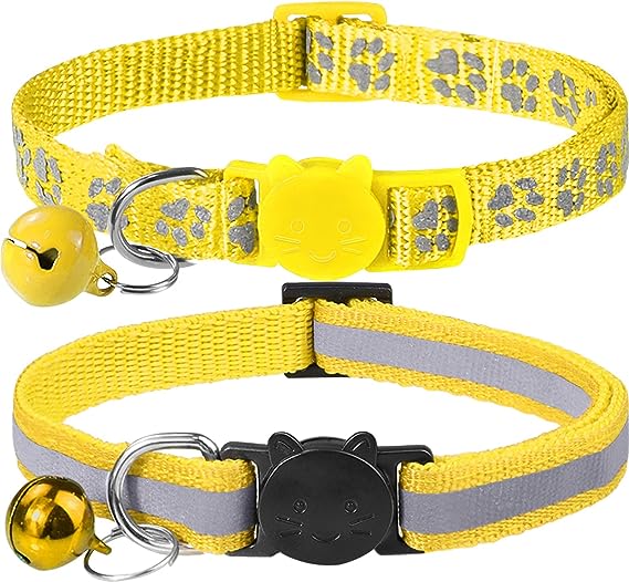 Taglory Reflective Cat Collars Breakaway with Bell, 2 Pack Girl Boy Pet Kitten Collar Adjustable 7.5-12.5 Inch Yellow