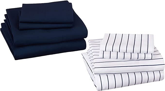 AmazonBasics Soft Microfiber Sheet Set with Elastic Pockets - Queen, Pinstripe/Navy, 2-Pack