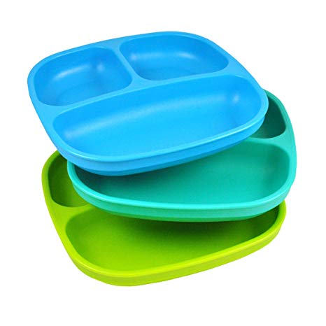 Re-Play Made in USA 3pk Divided Plates with Deep Sides for Easy Baby, Toddler, Child Feeding - Sky Blue, Aqua & Green (Under The Sea)