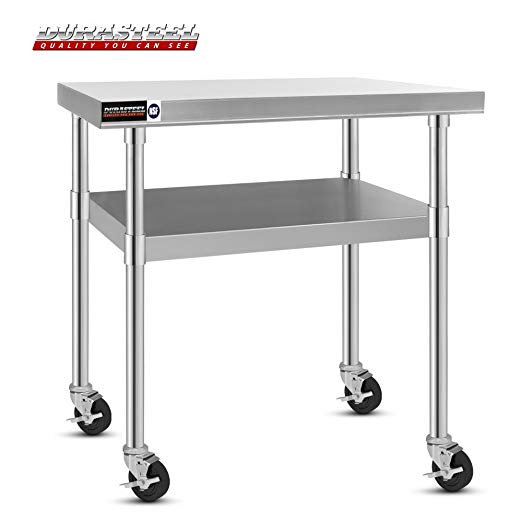 DuraSteel 30" x 48" x 35" Height Worktable Stainless Steel Food Prep With 4 Caster Wheels Work Table- Commercial Grade Work Table - Good For Restaurant, Business, Warehouse, Home, Kitchen, Garage