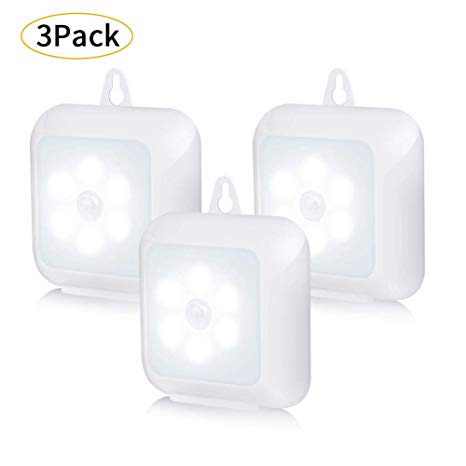 ZOYJITU Motion Sensor Light, (6 LED, 3 Pack) Cordless Battery-Powered LED Night Light for Staircase, Cupboard, Wardrobe, Closet, Bedroom, Kitchen, Safe Lights with 3M Adhesive Pads and Hook