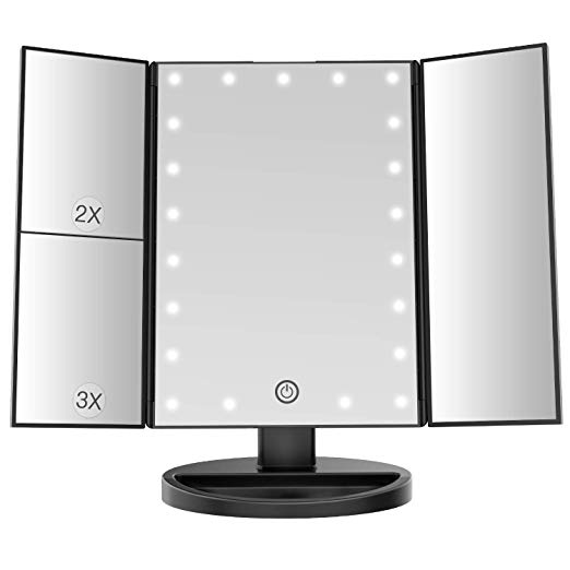 BESTOPE Makeup Vanity Mirror with Lights, 2X/3X Magnification, 21 Led Lighted Mirror with Touch Screen,Portable Trifold Mirror,Dual Power Supply