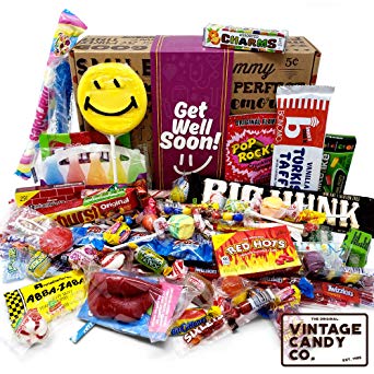 GET WELL SOON FEEL BETTER CARE PACKAGE- Nostalgic Decade Candies GIFT BOX - Fun Gag Gift Basket For Boy or Girl - PERFECT For Adults, College Students, Friend, Teens, Man or Woman