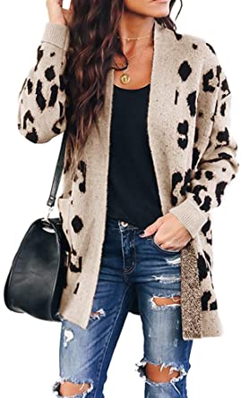 Foshow Womens Leopard Print Open Front Cardigan Sweaters Oversized Draped Loose Knit Long Sleeve Coat with Pockets