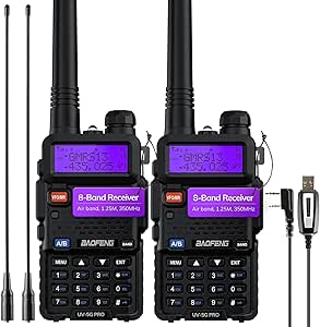 BAOFENG UV-5G PRO GMRS Handheld Radio, UHF/VHF/Airband/220MHz/350MHz Scanner & Receiver, GMRS Repeater Capable, Long Range Two Way Radio with Programming Cable 15.5” Antenna, Support Chirp, 2 Pack