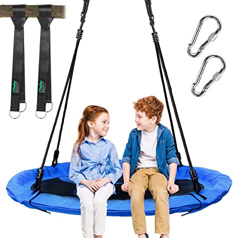 Ohuhu Saucer Tree Swing for Kids 40", 660lb Weight Capacity, Outdoor Flying Swing with Hanging Straps, Carabiner, Steel Frame and Adjustable Ropes, Easy Install, for Backyard Playground Swing, Blue