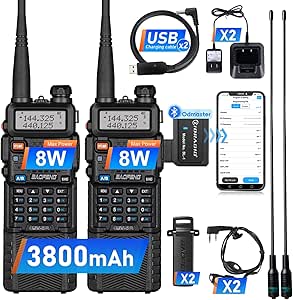 Baofeng UV-5R Ham Radio Handheld 8 Watt Two Way Radio Walkie Talkies with TIDRADIO Wireless Programmer Long Range Dual Band USB Rechargerable 3800mAh Battery Earpiece 2 Pack