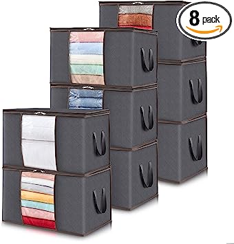 Lifewit Large Capacity Clothes Storage Bag Organizer with Reinforced Handle Thick Fabric for Comforters, Blankets, Bedding, Foldable with Sturdy Zipper, Clear Window, 8 Pack, 90L, Gray