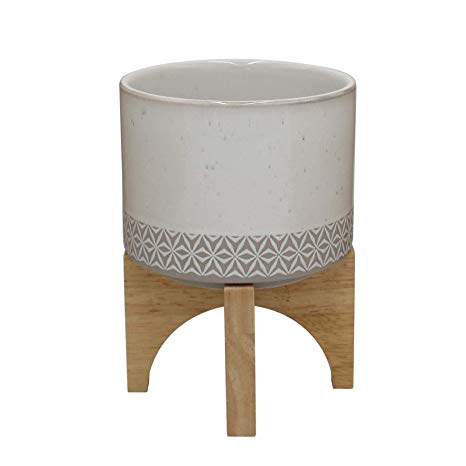 Rivet Mid-Century Stoneware Planter with Wood Stand, 7.08"H, Gray and Beige