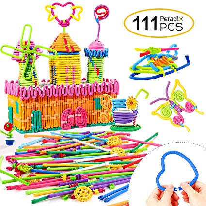 Peradix Soft Building Sticks Toys 111 PCS Kids STEM Learning Educational Building Construction Set for 6 year old, DIY Gift Flexible Sticks Motor Skills Toys with Storage Bag Activity Center Play Game