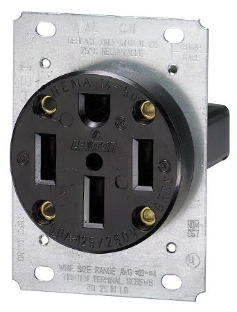 Leviton 279 50 Amp, 125/250 Volt, NEMA 14-50R, 3P, 4W, Flush Mounting Receptacle, Straight Blade, Industrial Grade, Grounding, Side Wired, Steel Strap, Black