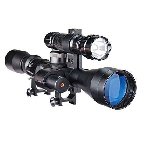 Pinty 3 in 1 Tactical 3-9X40 Optical Sniper Hunting Rifle Scope Combo with Red Laser & Torch