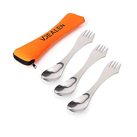 Vdealen Stainless Steel Sporks, Fork & Knife Combo Utensil- Extremely Strong Stainless Steel Spork Set- Ergonomic Fork Curve With Serrated Edge On Fork- Great For Camping, Travel, Mess Kits, Work, & Outdoor Activities