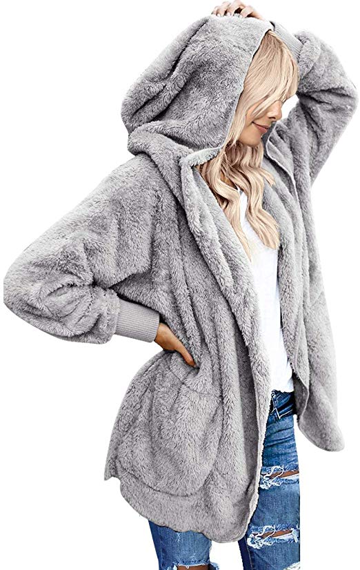 Vetinee Women Casual Fuzzy Fleece Hooded Cardigan Pocket Faux Fur Outerwear Coat