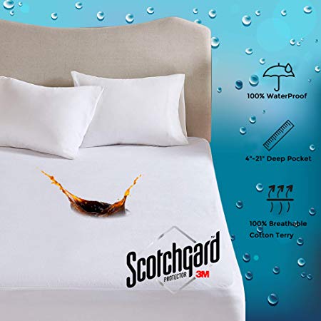 MP2 Waterproof Mattress Protector Cover King 100% Cotton Terry Stain Release 3M Scotchgard Fitted 4" - 21" Deep Pocket