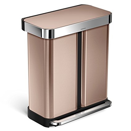 simplehuman 58 Litre / 15.3 Gal Rectangular Dual Compartment Recycling Step Can with Liner Pocket, Rose Gold Stainless Steel