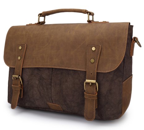 Men's Vintage Canvas Messenger Bag Genuine Leather Briefcase Laptop School Bag
