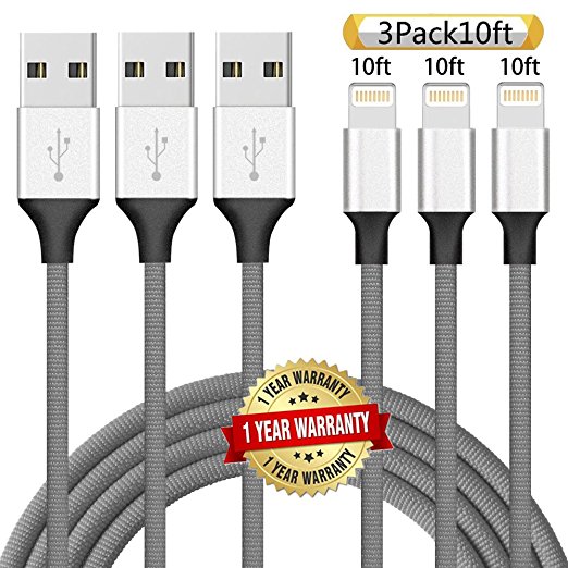 Ulimag Lightning Cable 3Pack 10FT Nylon Braided Certified iPhone Cable - USB Cord Charging Charger for Apple iPhone 7, 7 Plus, 6, 6s, 6 , 5, 5c, 5s, SE, iPad, iPod Nano, iPod Touch - Grey